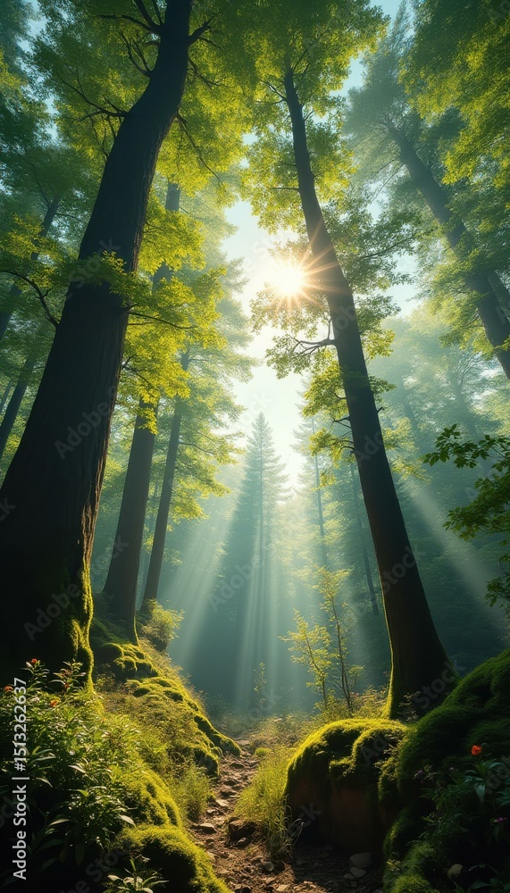 Poster sunbeams filtering through a serene forest of tall trees and lush green foliage create a tranquil na