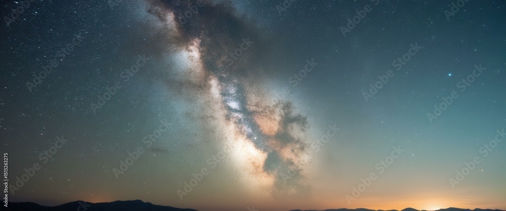 Poster night sky panorama showcasing the milky way galaxy with its detailed structure and a serene view of 
