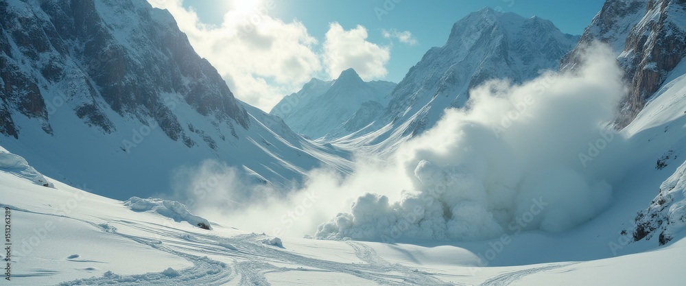 Poster mountain peaks covered in snow create a stark landscape, with an avalanche churning in the valley be