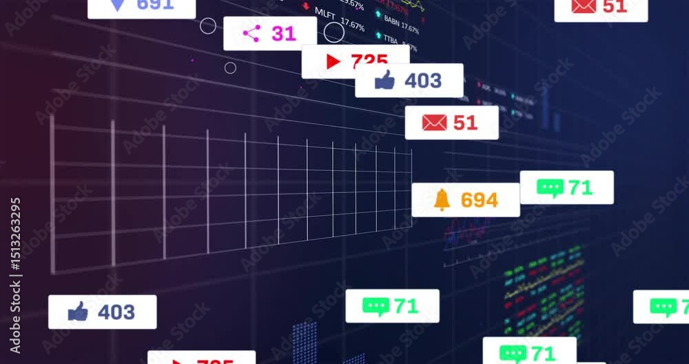 Poster opening dark 3d grid panel causing notification icons emerging, drifting, and visualizing metrics