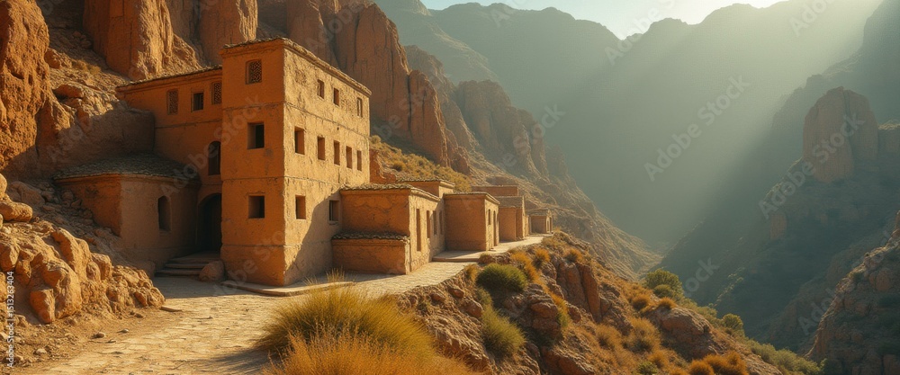 Poster ancient architecture in a desert mountain landscape with warm lighting and tranquil atmosphere