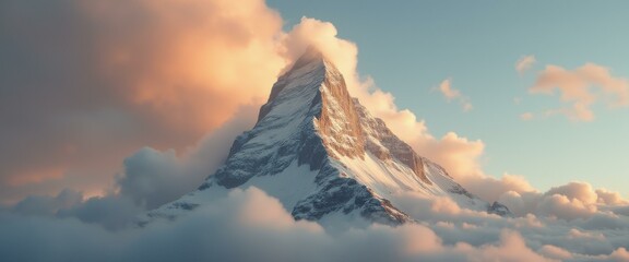 Majestic snow-covered mountain peak partially hidden by soft, pastel-colored clouds at sunset, creating a serene and awe-inspiring landscape