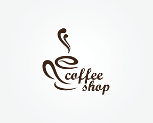creative coffee shop logo, abstract coffee cup with billowing smoke and coffee bean shaped contents, logo design template