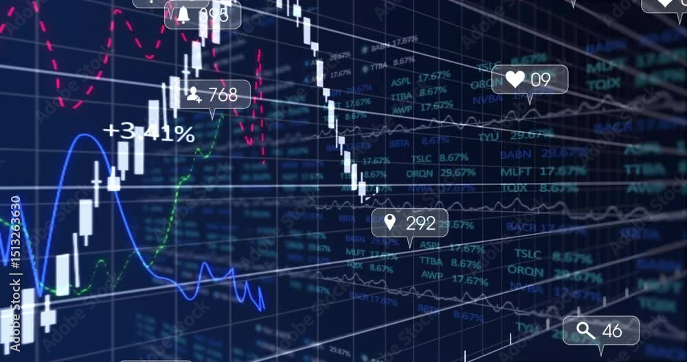 Poster scrolling data starting candlesticks appearing and chart moving with icons updating showing trends