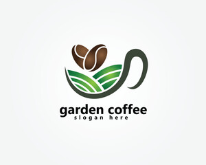 garden coffee logo, coffee cup with green hills filled with two coffee beans on top forming love, logo design inspiration