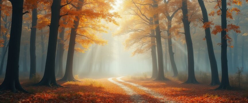 Golden autumn forest path bathed in ethereal light, with vibrant leaves, tall trees, and misty atmosphere, creating a serene, invi - Powered by Adobe