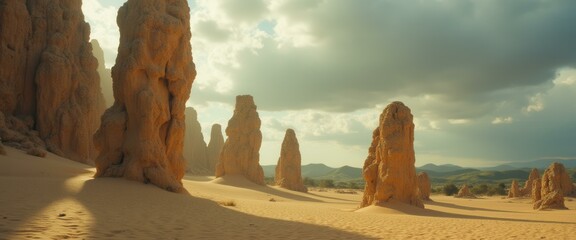 Surreal sandstone formations rise from a desert landscape, bathed in soft sunlight under a cloudy sky, creating an abstract, other