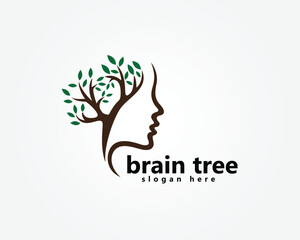 creative brain treee logo , tree shaped brain with striped face, logo design template