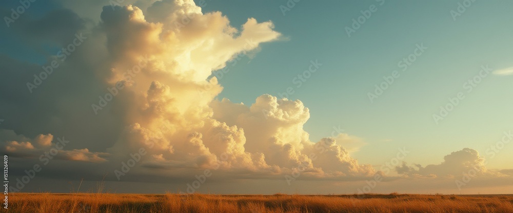 Aufkleber expansive golden field with towering cumulus clouds under a serene sky