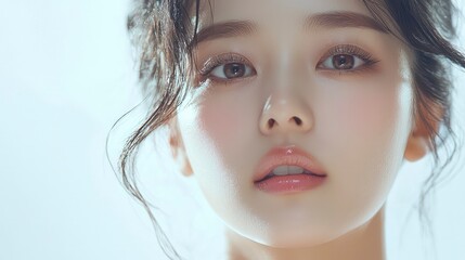 A beautiful asian woman with healthy skin, a close-up of her face on a light gray background, Facial and skin care concept for commercial advertising. 