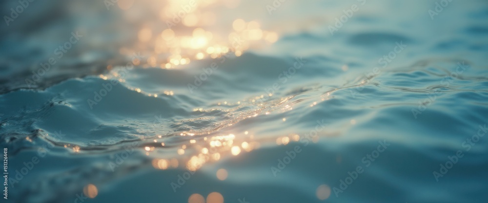 Poster gentle ocean waves reflecting sunlight with bokeh effect creating a peaceful, serene and ethereal at