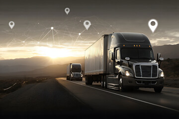 Truck Fleet Tracking on Highway at Sunset, GPS Tracking, Logistics, Transportation, Supply Chain, Technology, Delivery