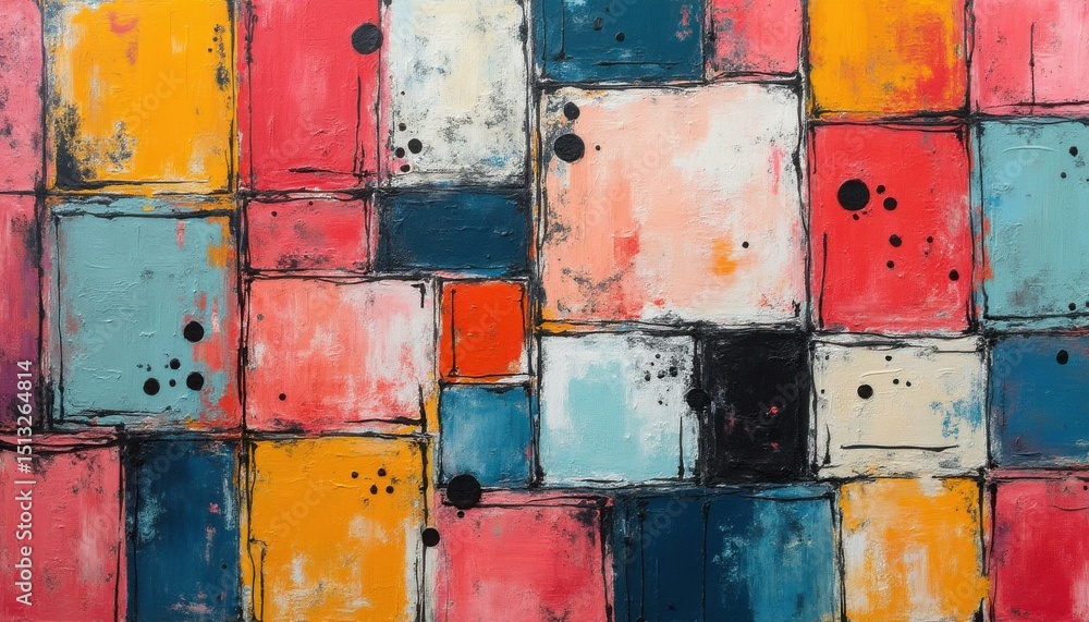 Aufkleber abstract painting: colorful square blocks with textured surfaces and dark splatters in a modern art 