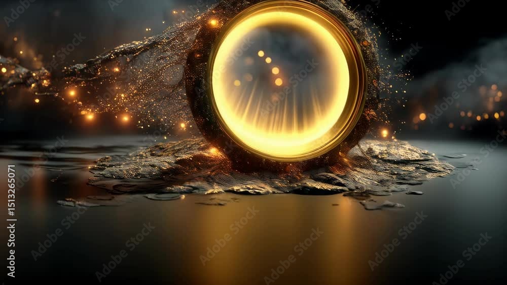 Poster abstract shimmering portal on dark wet surface with golden light and sparkling particles for magical