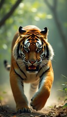 Fototapeta premium Striking Portrait of a Tiger Advancing Through a Verdant Forest, Displaying Powerful Strength and Natural Beauty