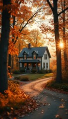 Fototapeta premium Charming Cottage Surrounded by Autumn Foliage on a Sunny Day - Serene Rural Scene