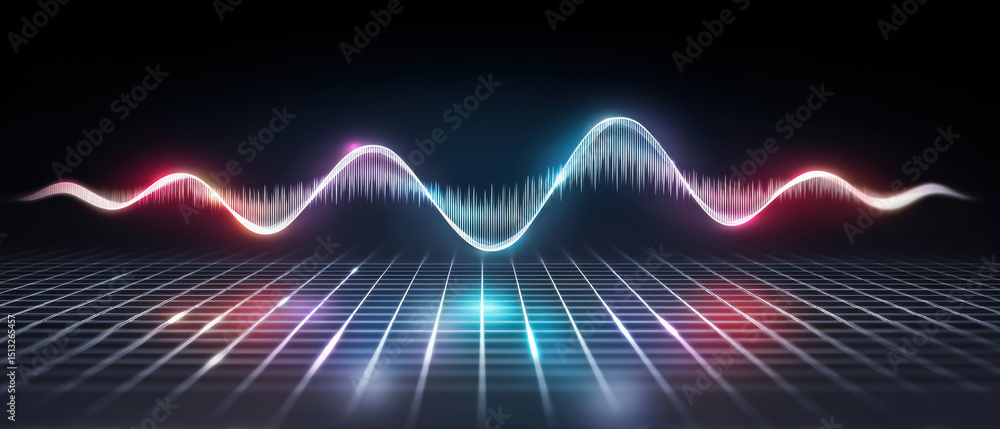 Poster digital sound wave with glowing neon light on grid background for e commerce technology and audio co