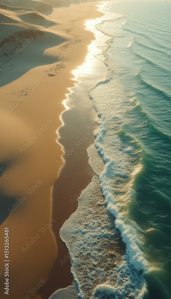 Poster aerial view of a secluded beach with sand dunes and gentle ocean waves at sunset, creating a tranqui
