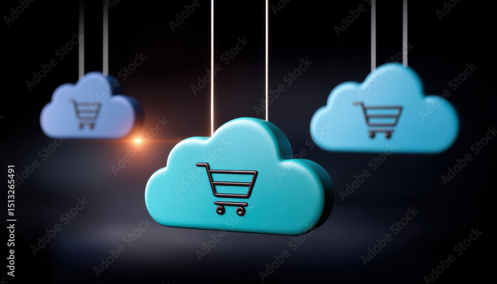 Poster cloud shopping cart icon represents e commerce concept with blue cloud shapes hanging on strings in 