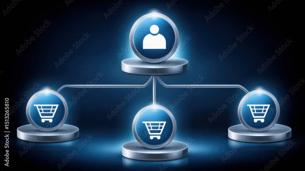 Poster e commerce network concept with user and shopping cart icons connected in digital blue interface glo