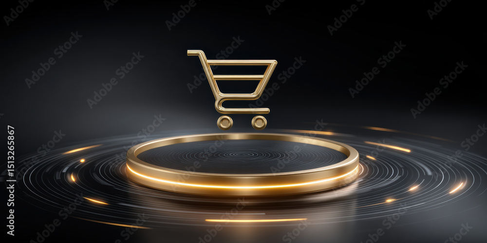 Poster golden shopping cart icon floating above illuminated round platform with circular light trails on da