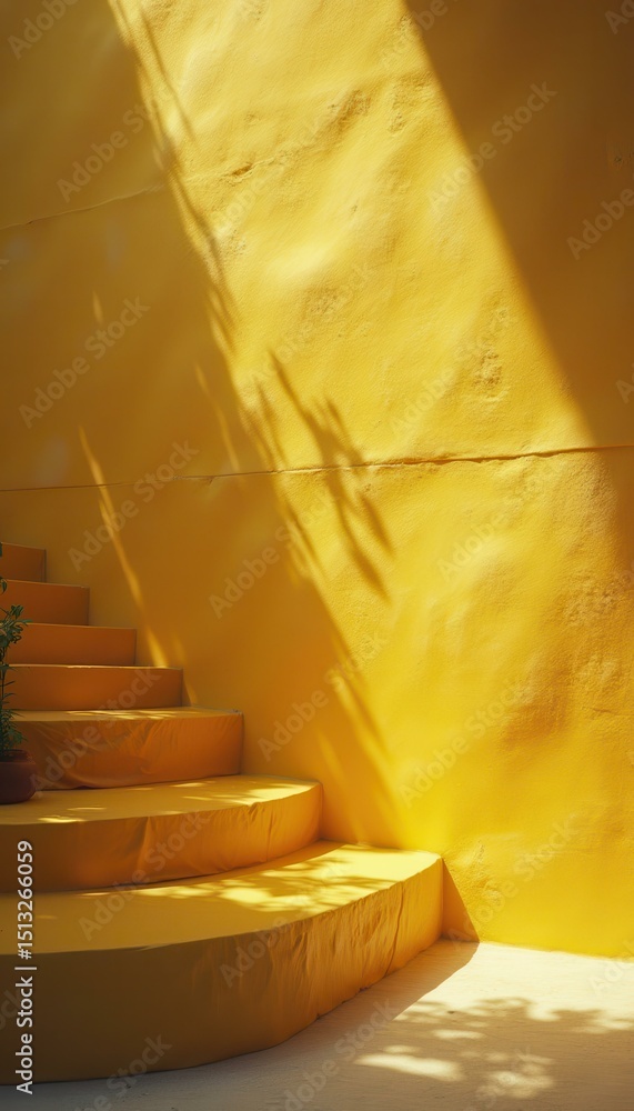 Poster vibrant yellow staircase with plant and shadows creating a dynamic and abstract architectural scene