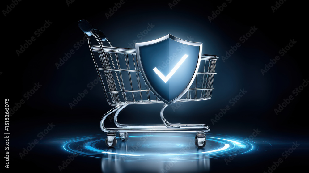 Poster secure e commerce concept with shopping cart and shield symbol representing online safety and protec