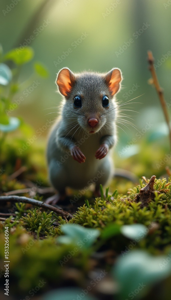 Poster close-up of a charming gray wild mouse with big eyes standing on moss in a lush forest environment.