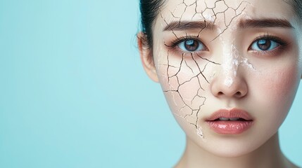Close-up of dry, cracked skin on the face, Light blue background
