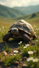 Fototapeta premium Desert Tortoise Portrait in Natural Habitat with Mountains and Wildflowers