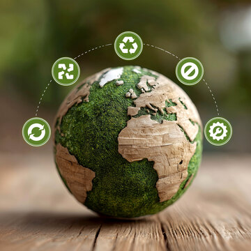 Green planet Earth globe with recycling icons, circular economy, sharing, reusing, repairing, 5r zero waste concept
