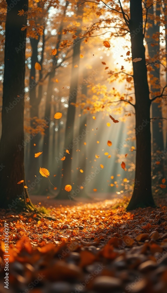 Aufkleber autumn forest scene with sunbeams and falling leaves creating a serene and colorful landscape in sha