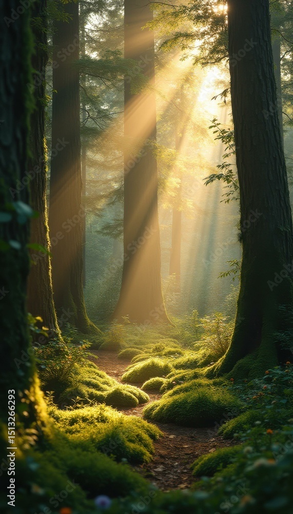 Fototapete enchanted forest path with golden sunlight filtering through ancient trees