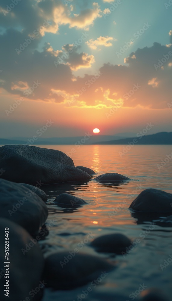 Aufkleber sunrise over a calm sea with rocks in the foreground and a colorful sky filled with clouds