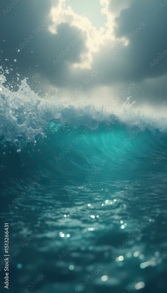 Poster powerful turquoise ocean wave cresting under a cloudy sky, creating dynamic sea spray and shimmering