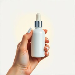 A hand holds a small, white, blank cosmetic bottle with a silver dropper top