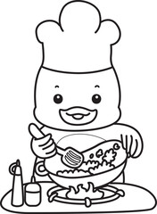 Lineart of Cute Duck icon. Outline of Funny baby Duck animal series stock illustration. life of fluffy Duck designs.