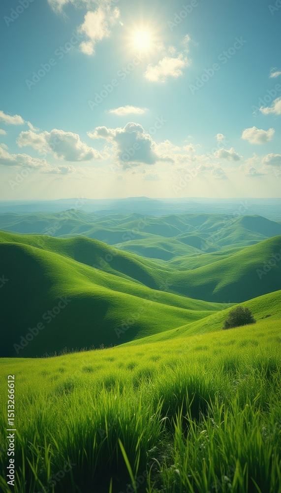 Poster lush green hills rolling under a bright sunny sky with a path through a meadow in a vast and serene 