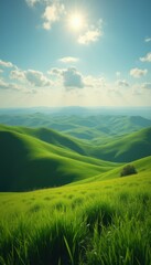 Fototapeta premium Lush Green Hills Rolling Under a Bright Sunny Sky with a Path Through a Meadow in a Vast and Serene Landscape