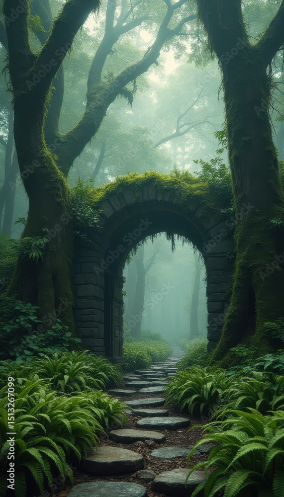 Poster mystical stone archway overgrown with moss leading into a foggy forest path with stone steps