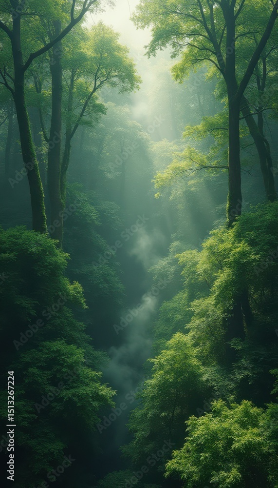 Aufkleber mystical forest path: fog shrouded trees and sunlight filtering through lush green canopy