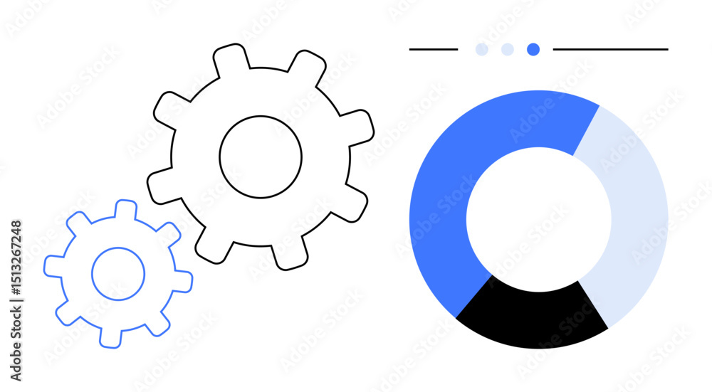 Poster gears intertwined with a segmented pie chart connected by progress dots. ideal for workflow, analyti