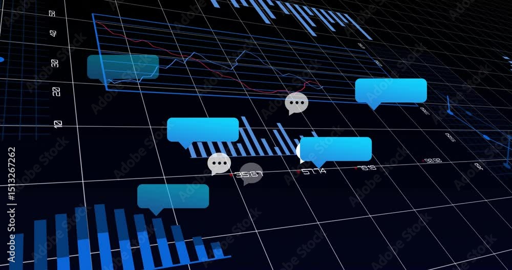 Poster dark grid initiating visualization, bubble icons floating, charts updating to show analytics trends