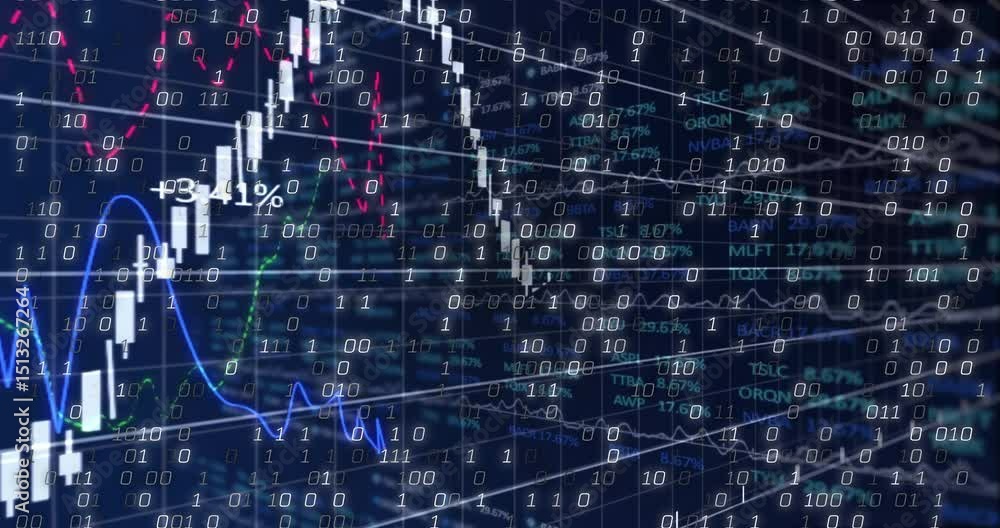 Poster white candlestick chart fading into binary grid and animating peaks and dips, showing market trends