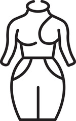 Simple black outline of female mannequin torso with focus on upper body and hips, showcasing minimalist design. illustration highlights curves and structure of mannequin