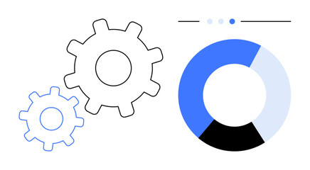 Gears intertwined with a segmented pie chart connected by progress dots. Ideal for workflow, analytics, data processing, teamwork, innovation, efficiency, tech concepts, simple landing page