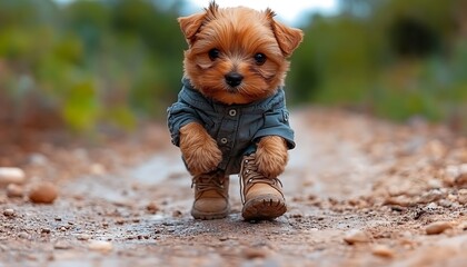 Puppy in clothes outdoors