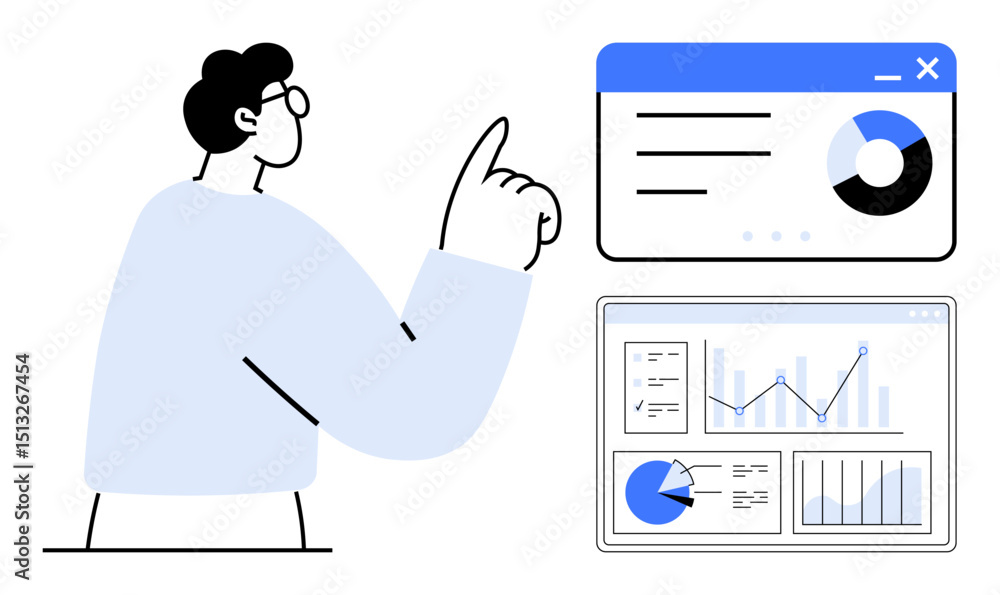 Poster professional pointing at data visuals with pie chart and analytics dashboard. ideal for business str