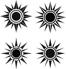 Black Sunburst vector Icon Set – Abstract Solar Symbols Vector, Geometric Tribal Sun Designs, Minimal Radiant Line Art for Tattoo or Print
