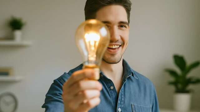 Man Holding Bright Idea Light Bulb